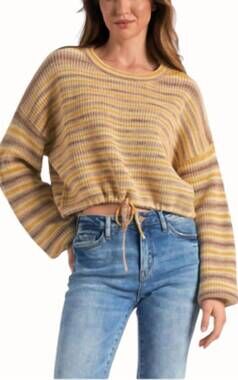 NEW ELAN drawstring crew neck sweater in gold stripe